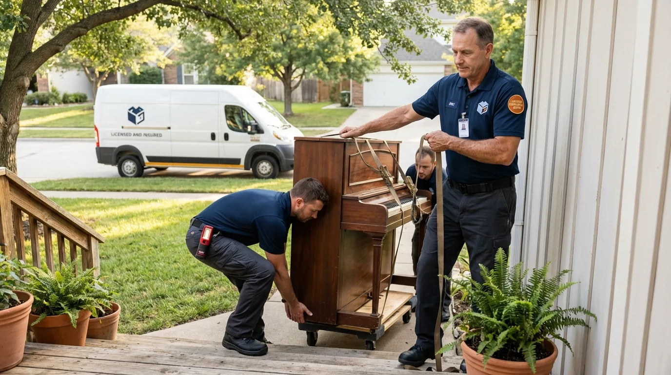 Licensed piano movers securing grand piano in Mulino, OR