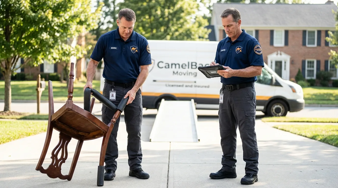 Movers inspecting furniture for damage prevention before loading in Mulino, OR