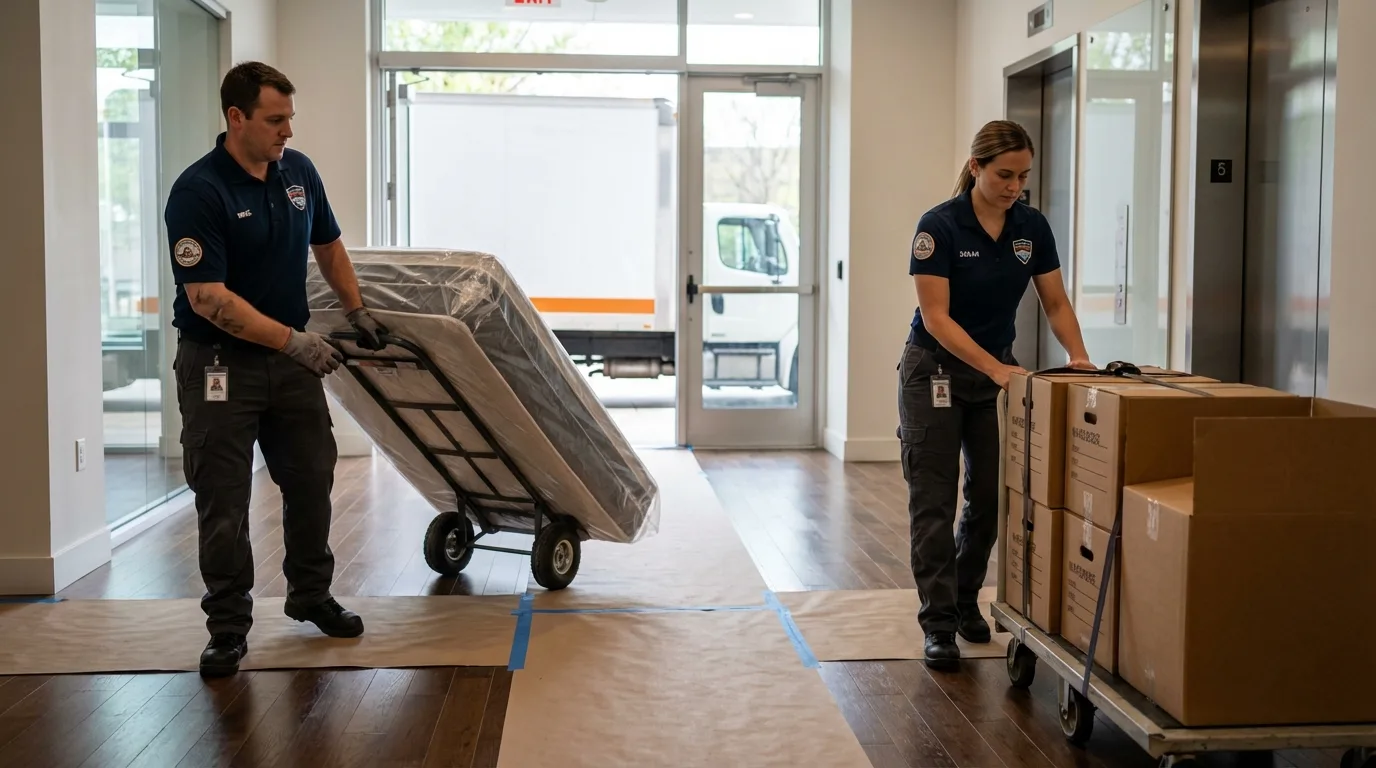 Professional apartment movers loading elevator in Mulino, OR