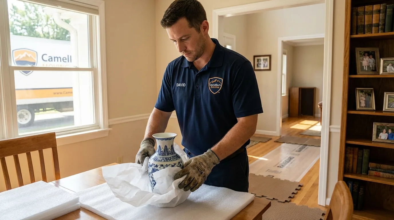 Professional crew carefully wrapping antique vase for senior downsizing move in Mulino, OR